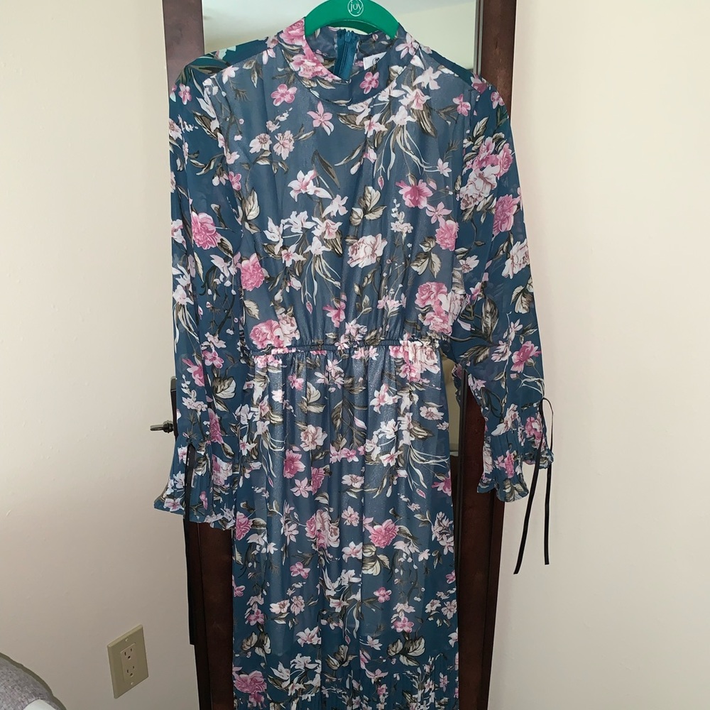 Sheer floral & teal long sleeve high neck dress
